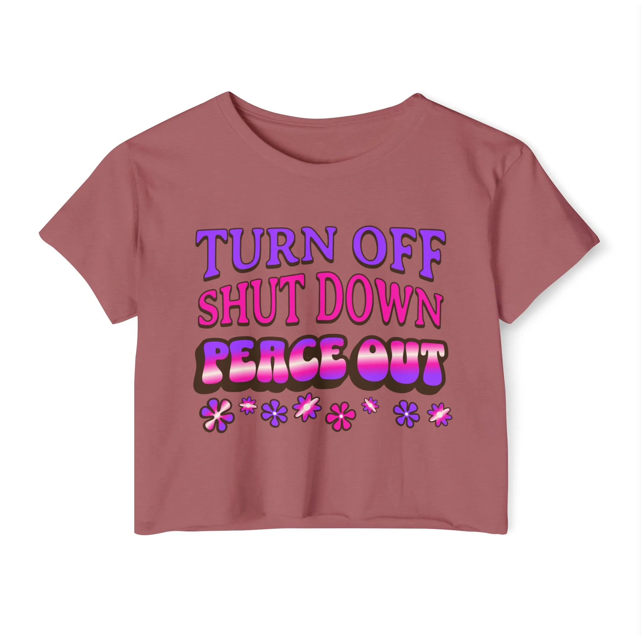 Turn off, shut down, peace out! Cute crop tee in pink and purple