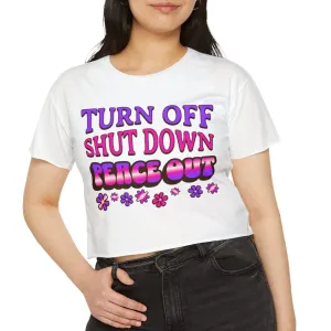 Turn off, shut down, peace out! Cute crop tee in pink and purple