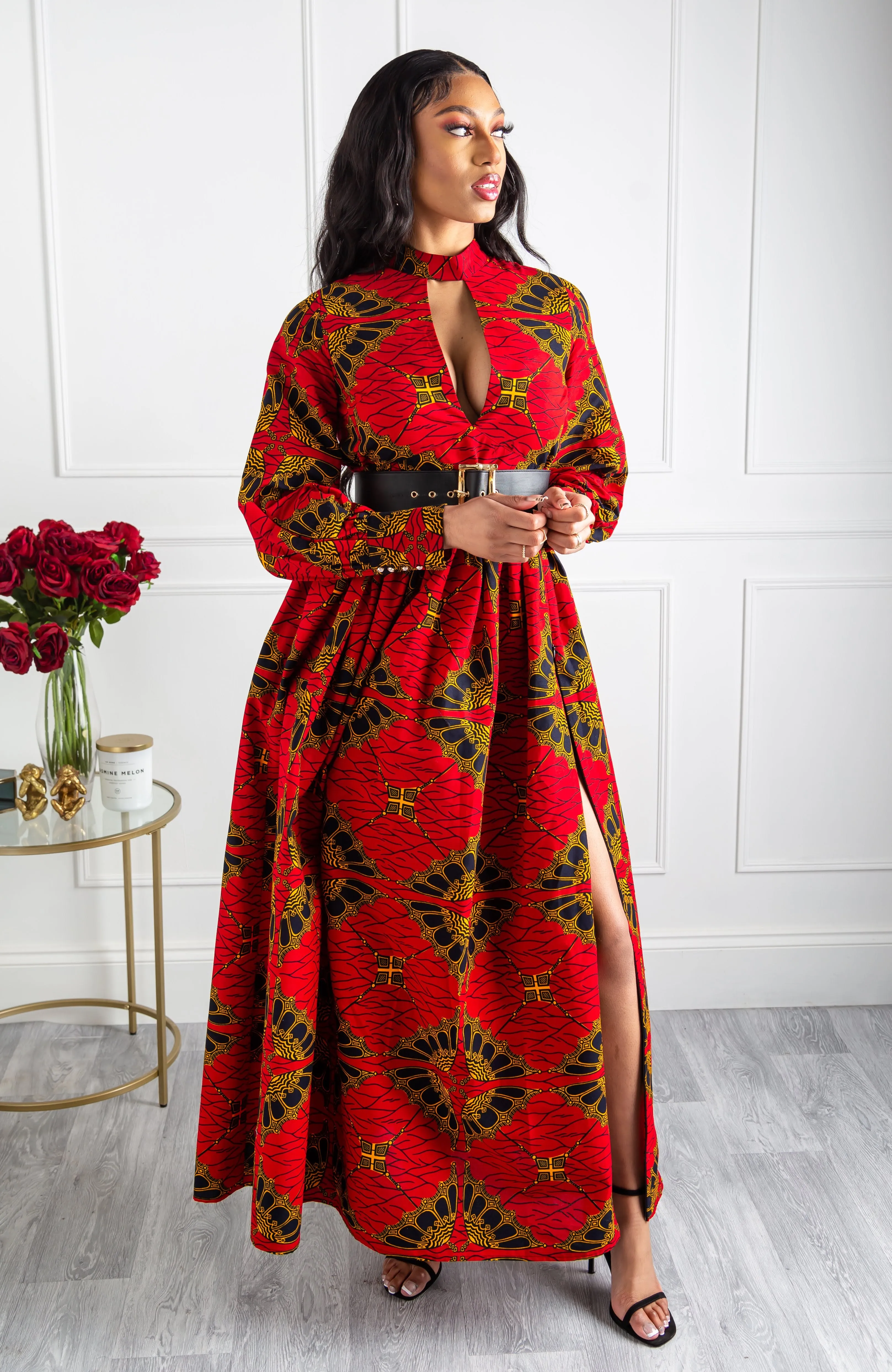 Turtleneck Plunge African Print Maxi Dress | Long Sleeved Maxi Dress - CORDELIA