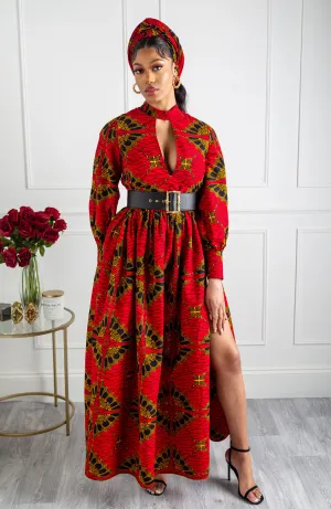 Turtleneck Plunge African Print Maxi Dress | Long Sleeved Maxi Dress - CORDELIA