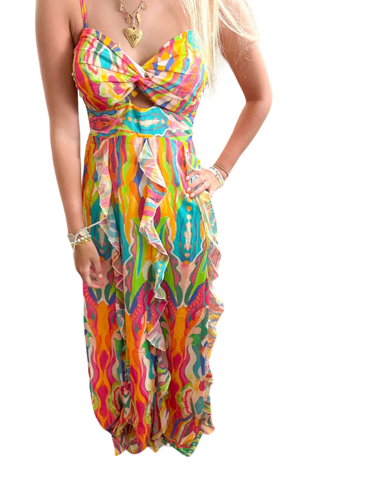 Twist & Ruffle Strapless Maxi Dress