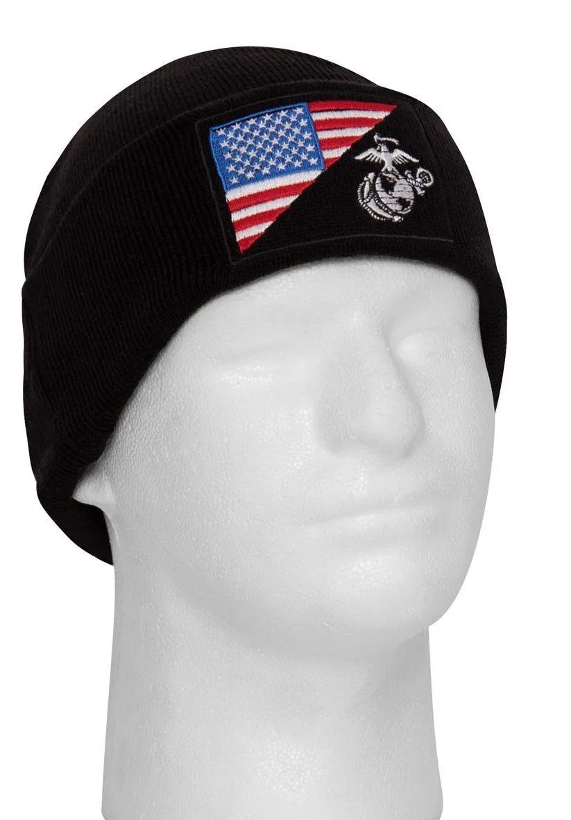 USMC Eagle, Globe and Anchor / US Flag Black Knit Watch Cap