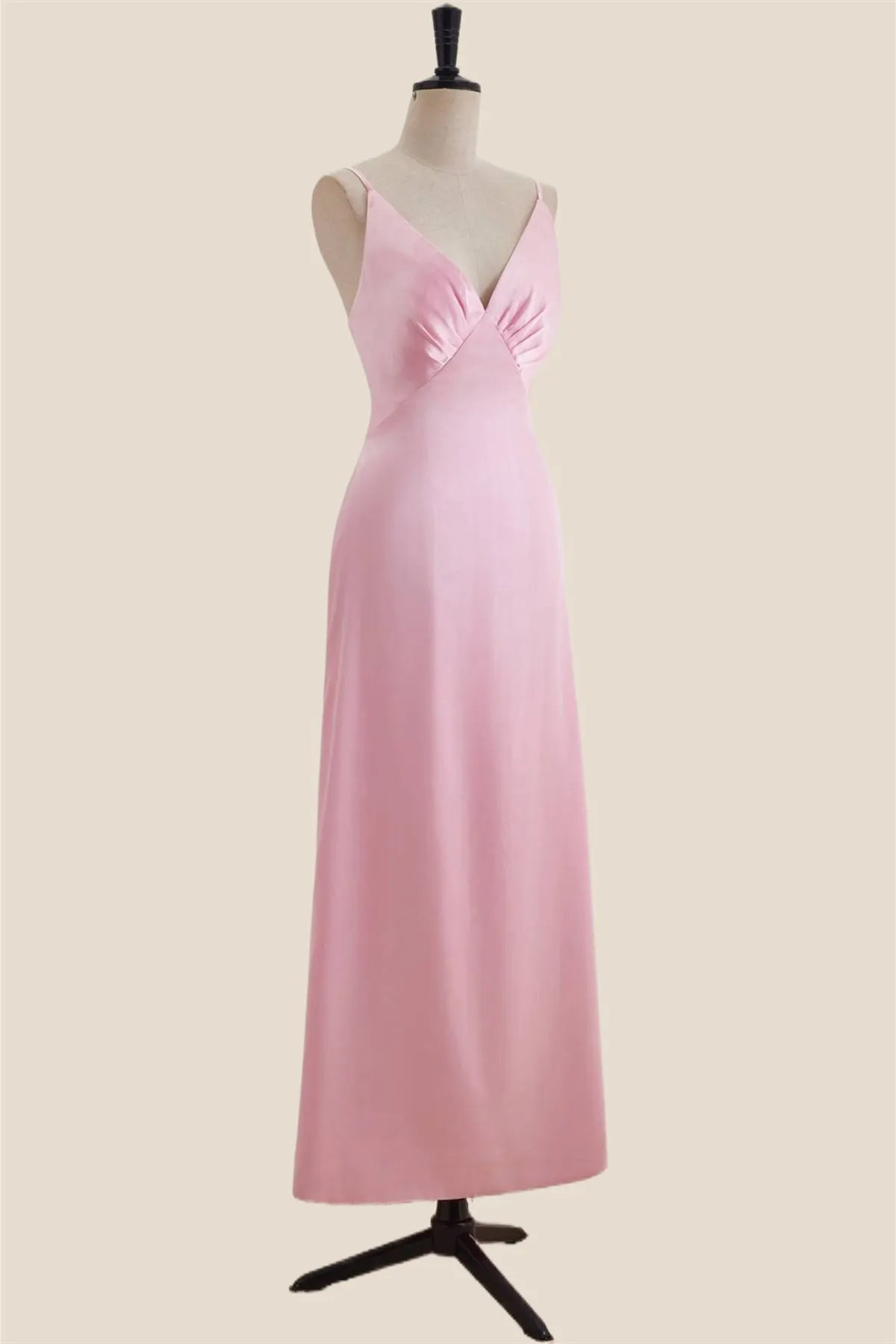 V Neck Pink Satin A-line Long Party Dress