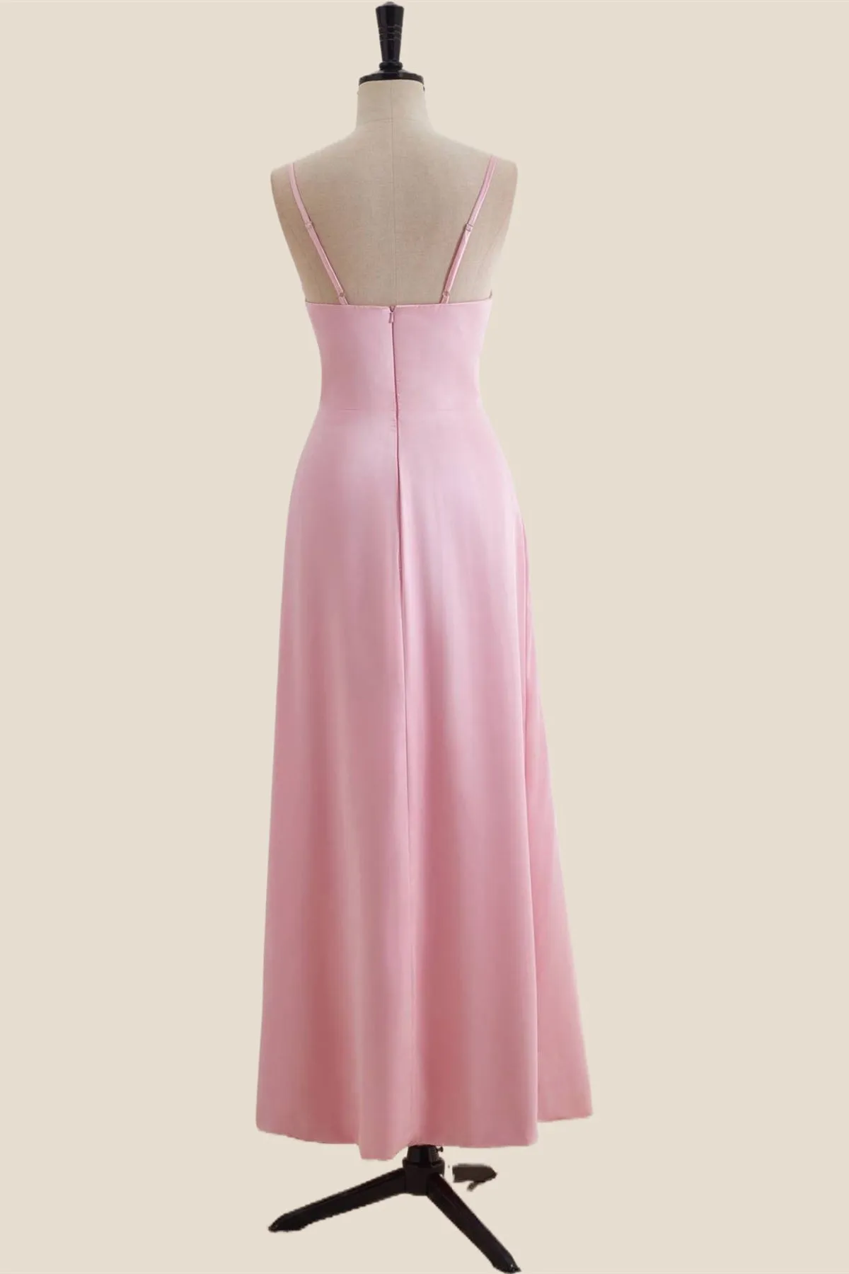 V Neck Pink Satin A-line Long Party Dress