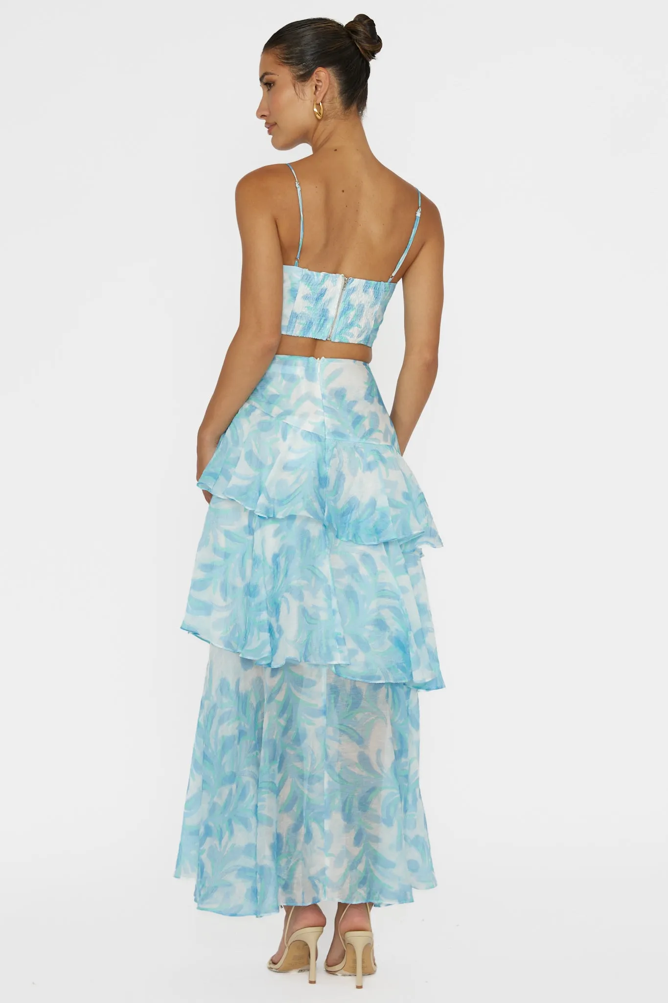 Veda Tiered Ruffle Maxi Skirt Floral Blue