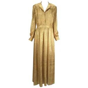 Vintage 1970s Gold Metallic Long Sleeve Maxi Dress