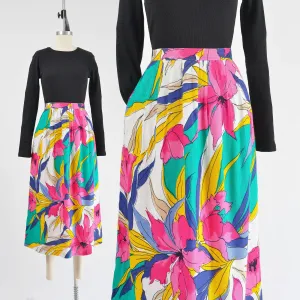 Vintage 80s Tropical Floral Print A-line Pleated Midi Skirt with Pocket size M