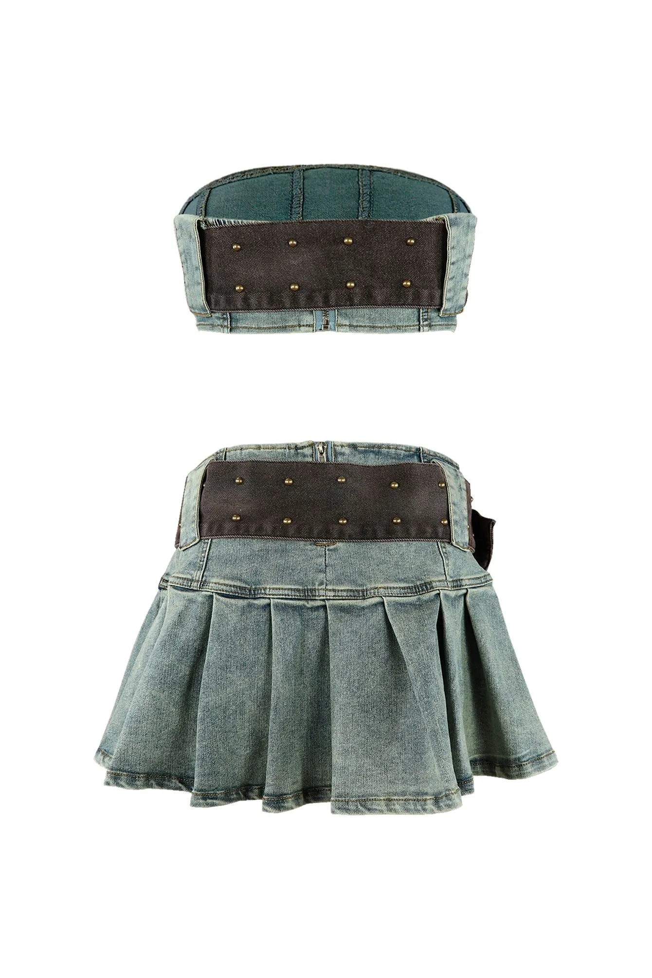 Vintage Chocolate Washed Denim Top & Skirt SET