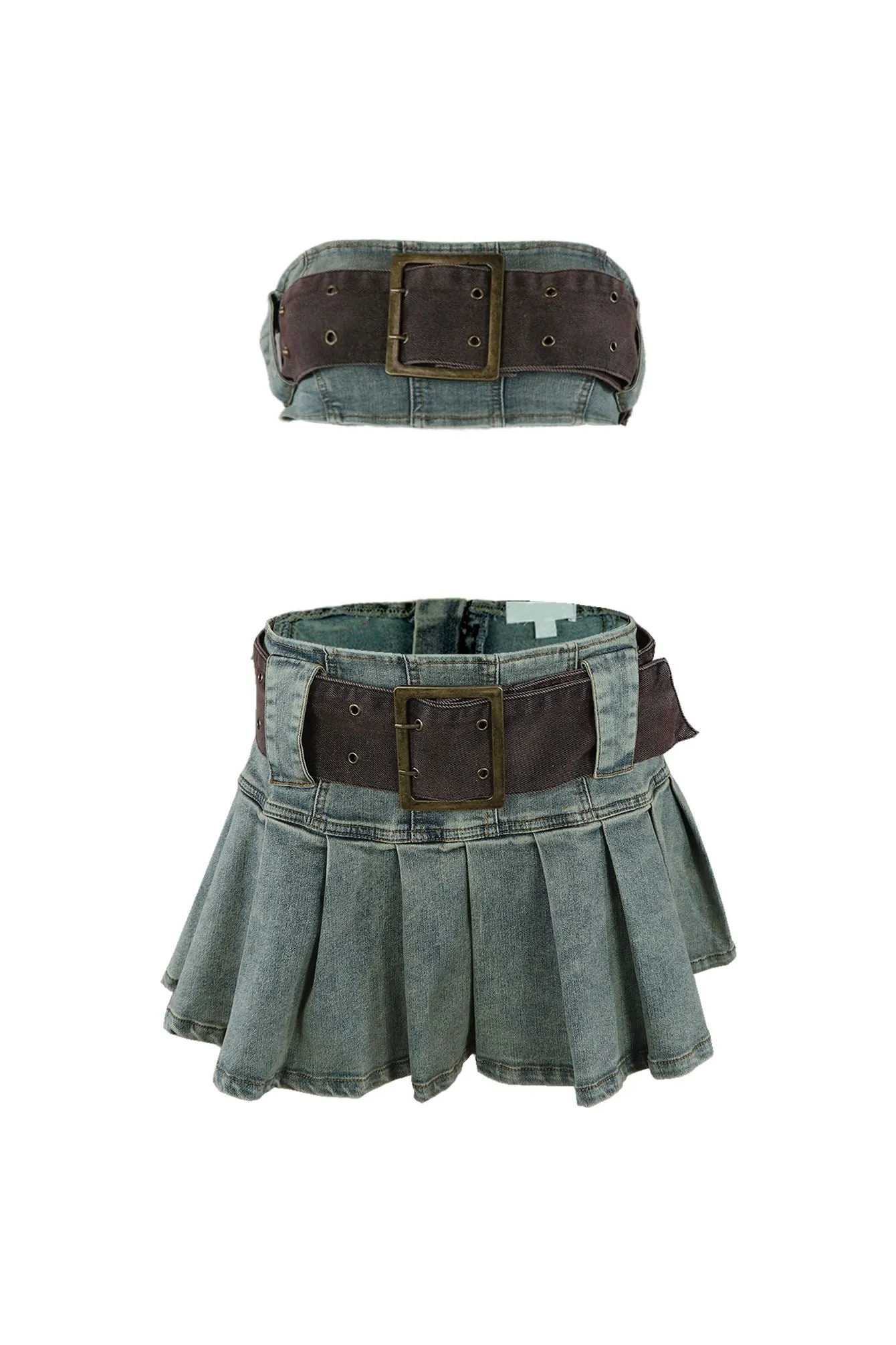 Vintage Chocolate Washed Denim Top & Skirt SET