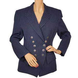 Vintage Lolita Lempicka Ladies Suit Jacket Tailored Blue Blazer Pinstripe Size M