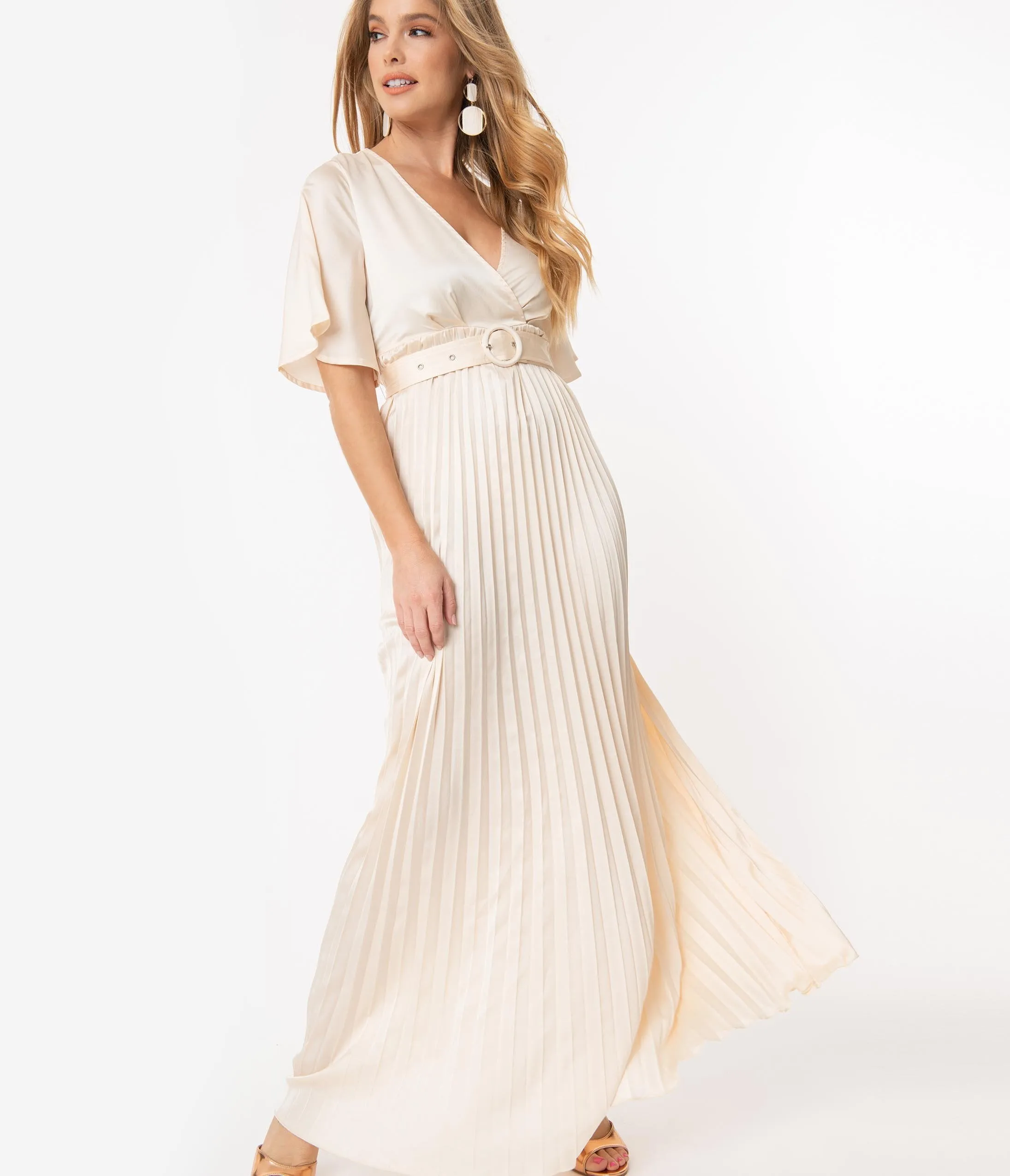 Vintage Style Champagne Pleated Maxi Dress