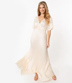 Vintage Style Champagne Pleated Maxi Dress