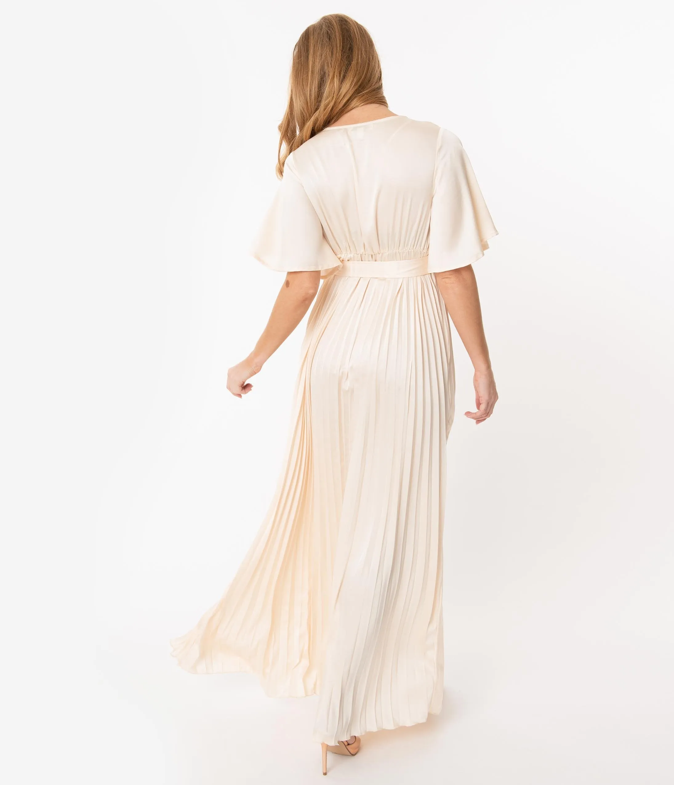 Vintage Style Champagne Pleated Maxi Dress