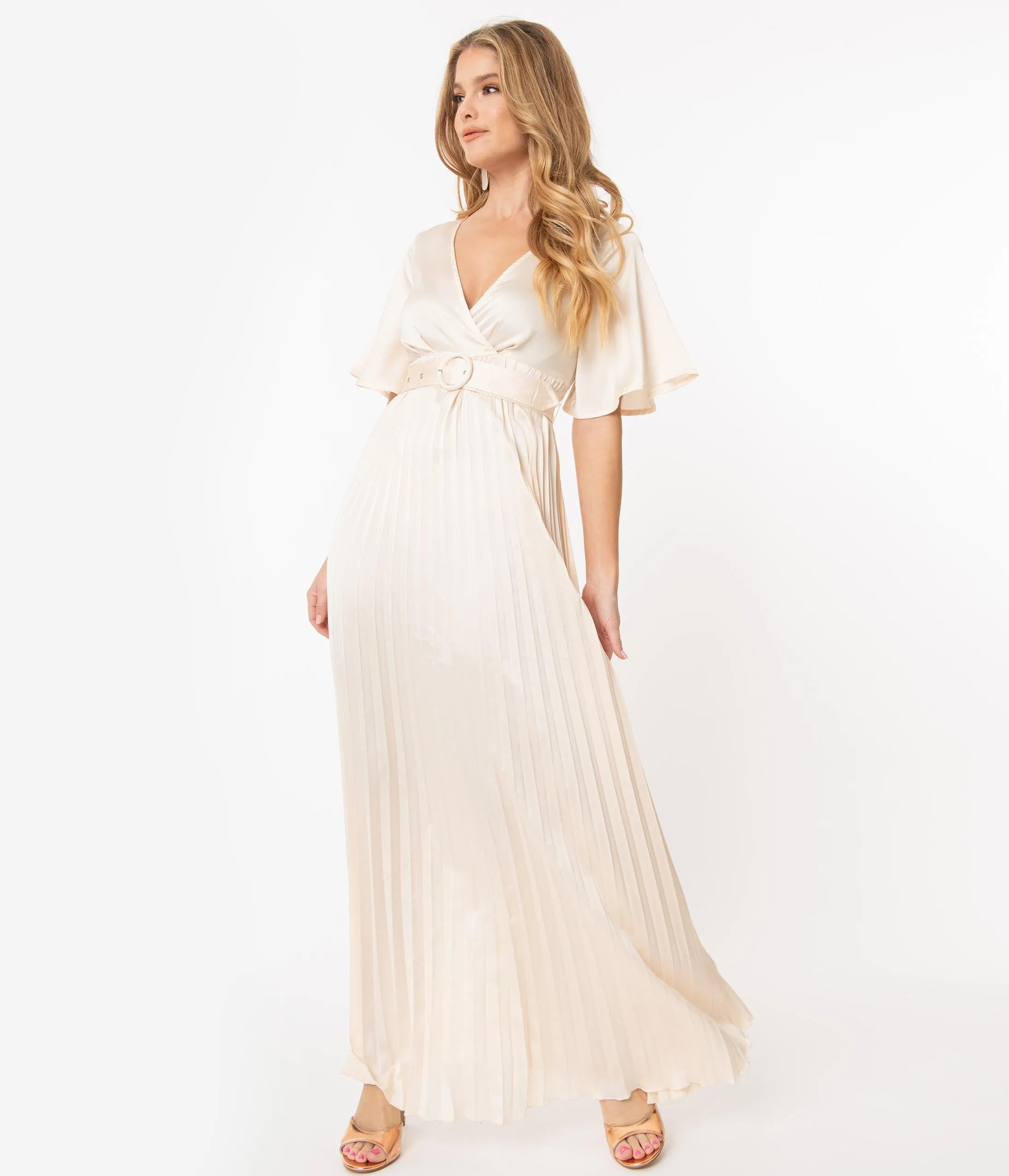 Vintage Style Champagne Pleated Maxi Dress