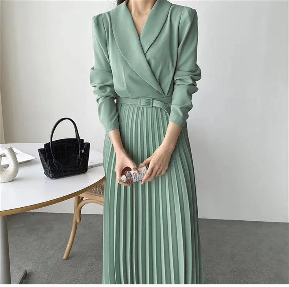 Waist Slimming Suit Tie Long Sleeve Pleated Dress