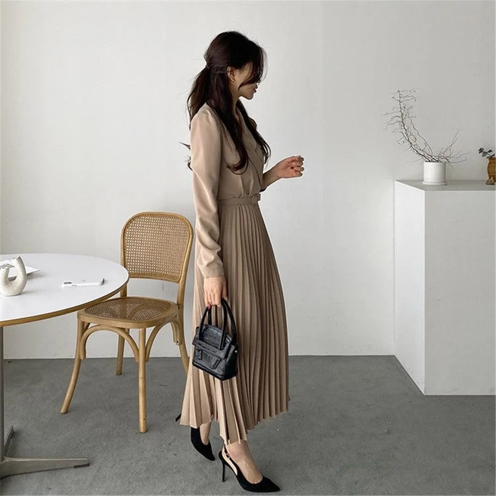 Waist Slimming Suit Tie Long Sleeve Pleated Dress