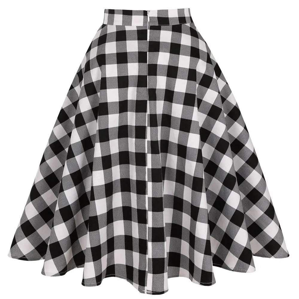 White Black Plaid Printed Women Cotton Skirt Party Fashion High Waist Retro Vintage England Midi Knee Length A-line School Skirt