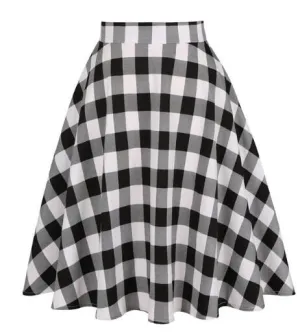 White Black Plaid Printed Women Cotton Skirt Party Fashion High Waist Retro Vintage England Midi Knee Length A-line School Skirt