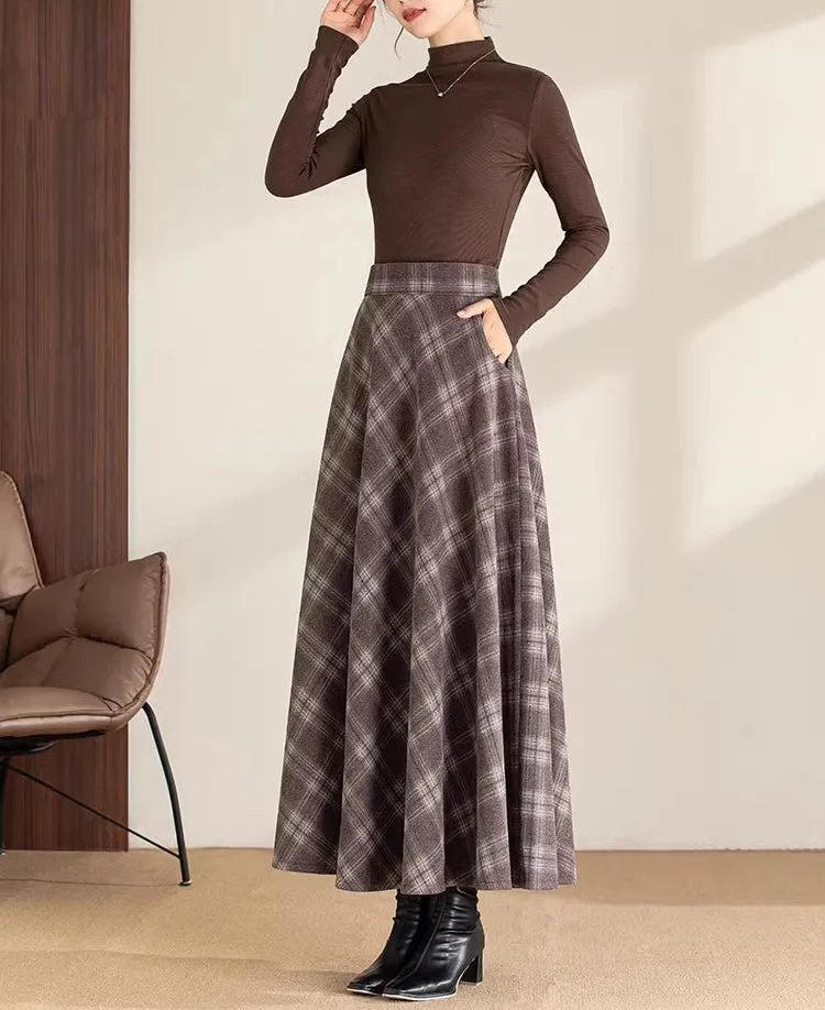 Winter skirt/Maxi skirt/Plaid skirt/Wool skirt/a-line skirt/long skirt/elastic waist skirt/skirt with pockets A0081