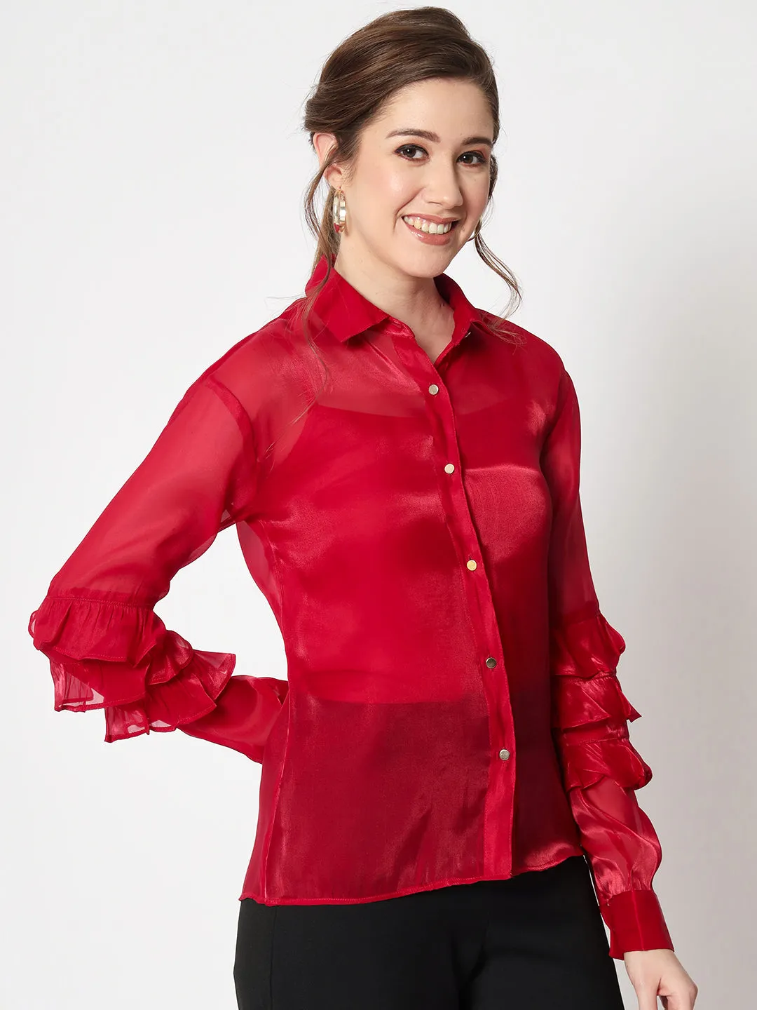 Women Classic Spread Collar Ruffled Red Party Shirt