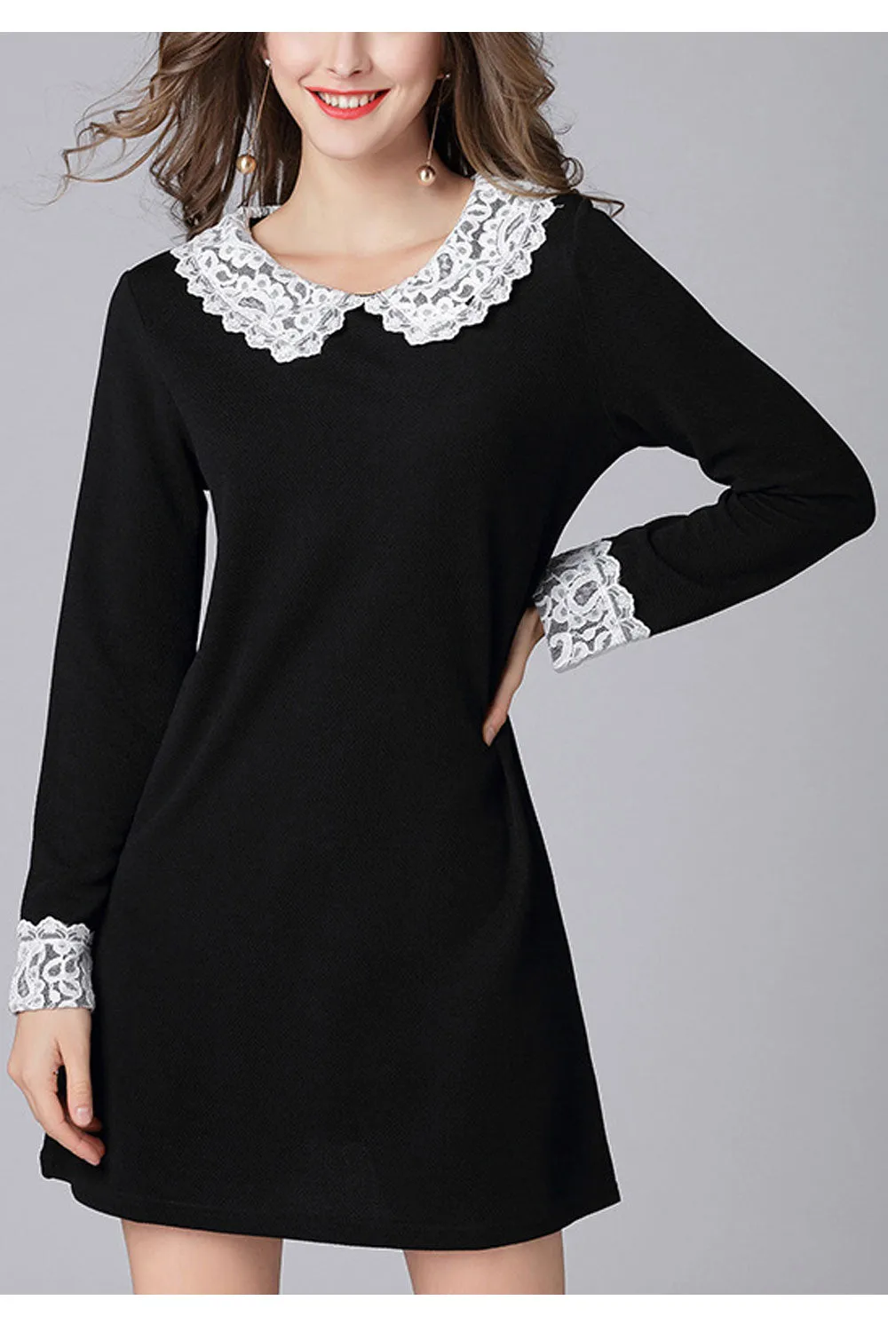 Women Long Sleeves Peter Pan Net Designed Collar Dress - WD117631