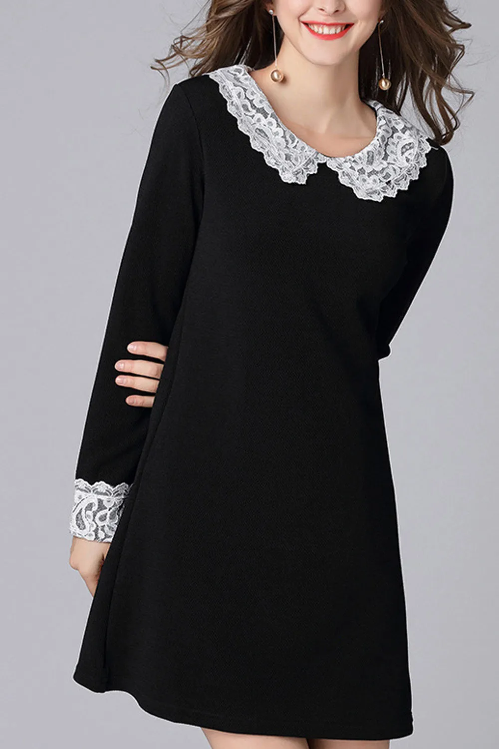 Women Long Sleeves Peter Pan Net Designed Collar Dress - WD117631