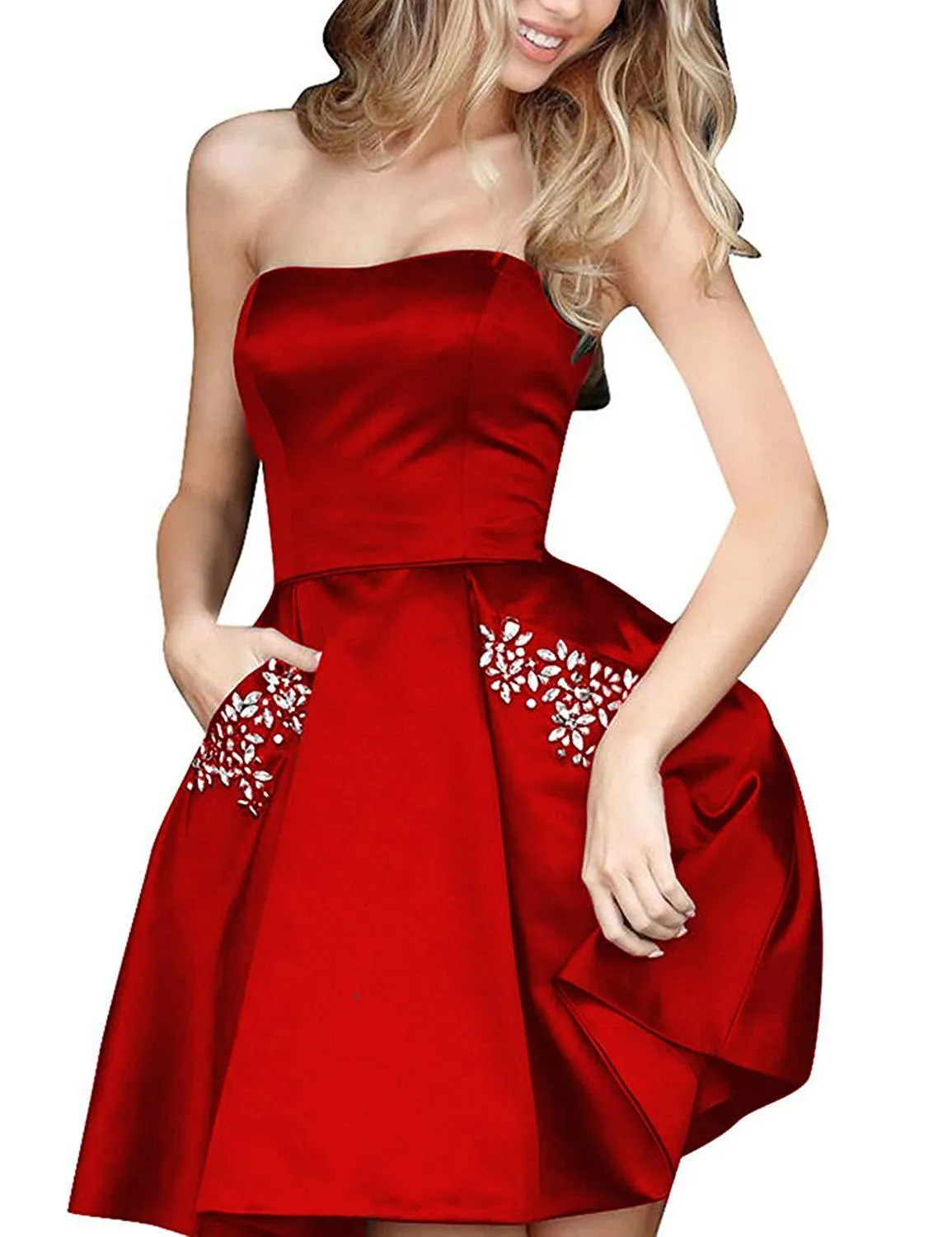 Women Satin Short Prom Dress with Pocket Off The Shoulder Mini Homecoming Dress