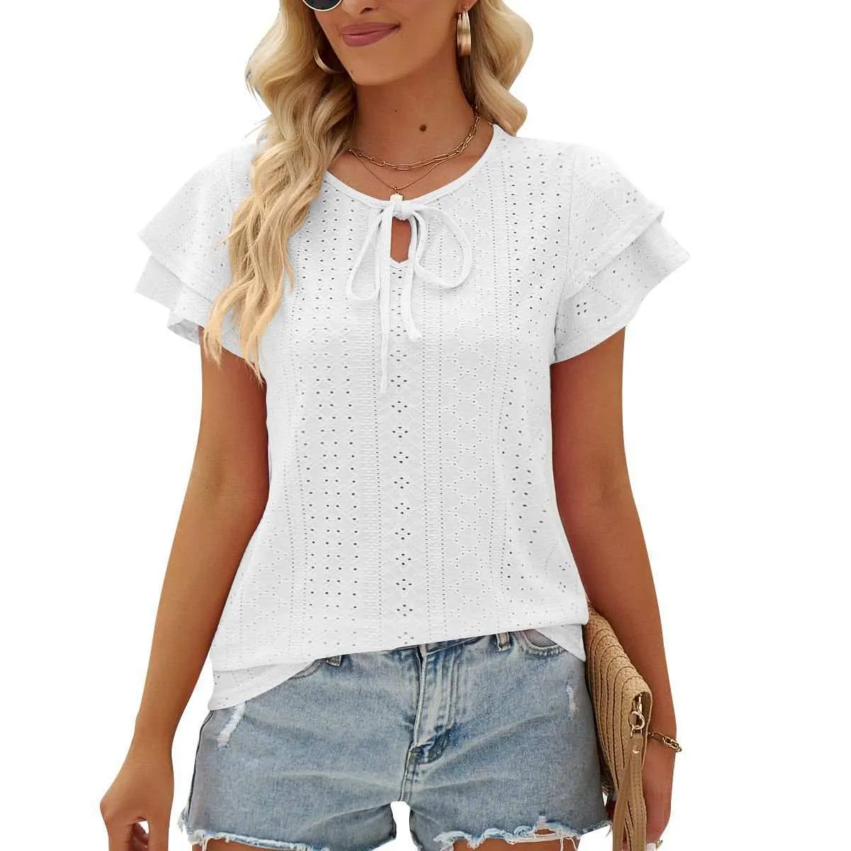 Womens Shirts Double-layer Sleeve Top Loose Hole Hollow-out Lace-up Double-layer Sleeve Top