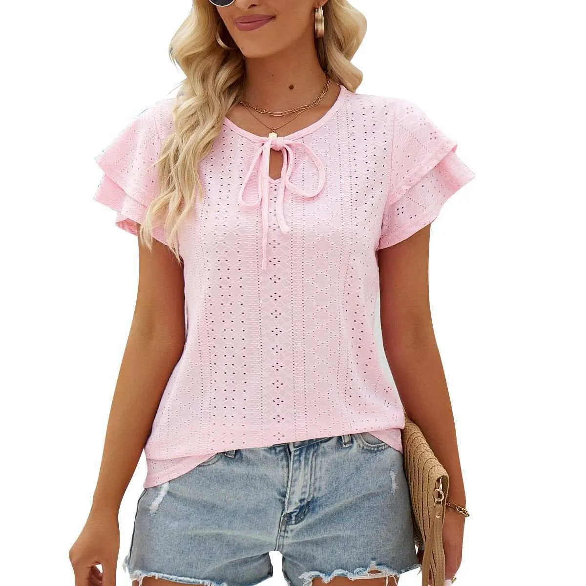 Womens Shirts Double-layer Sleeve Top Loose Hole Hollow-out Lace-up Double-layer Sleeve Top