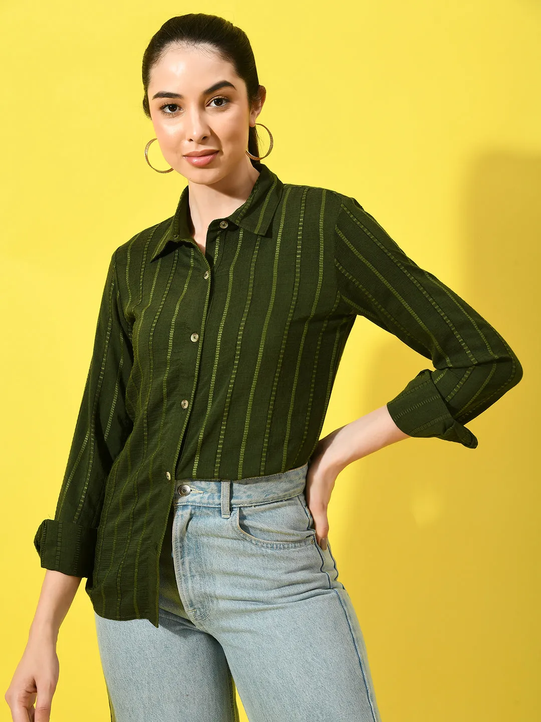 Women's Vertical Striped Green Shirt