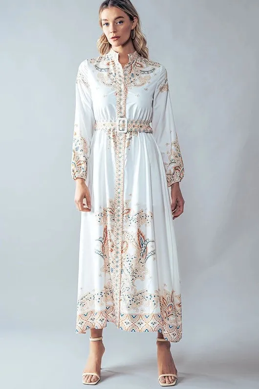 Women's Western High Neck Paisley Maxi Dress in Cream