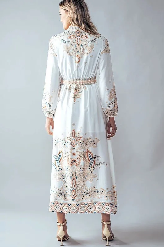 Women's Western High Neck Paisley Maxi Dress in Cream