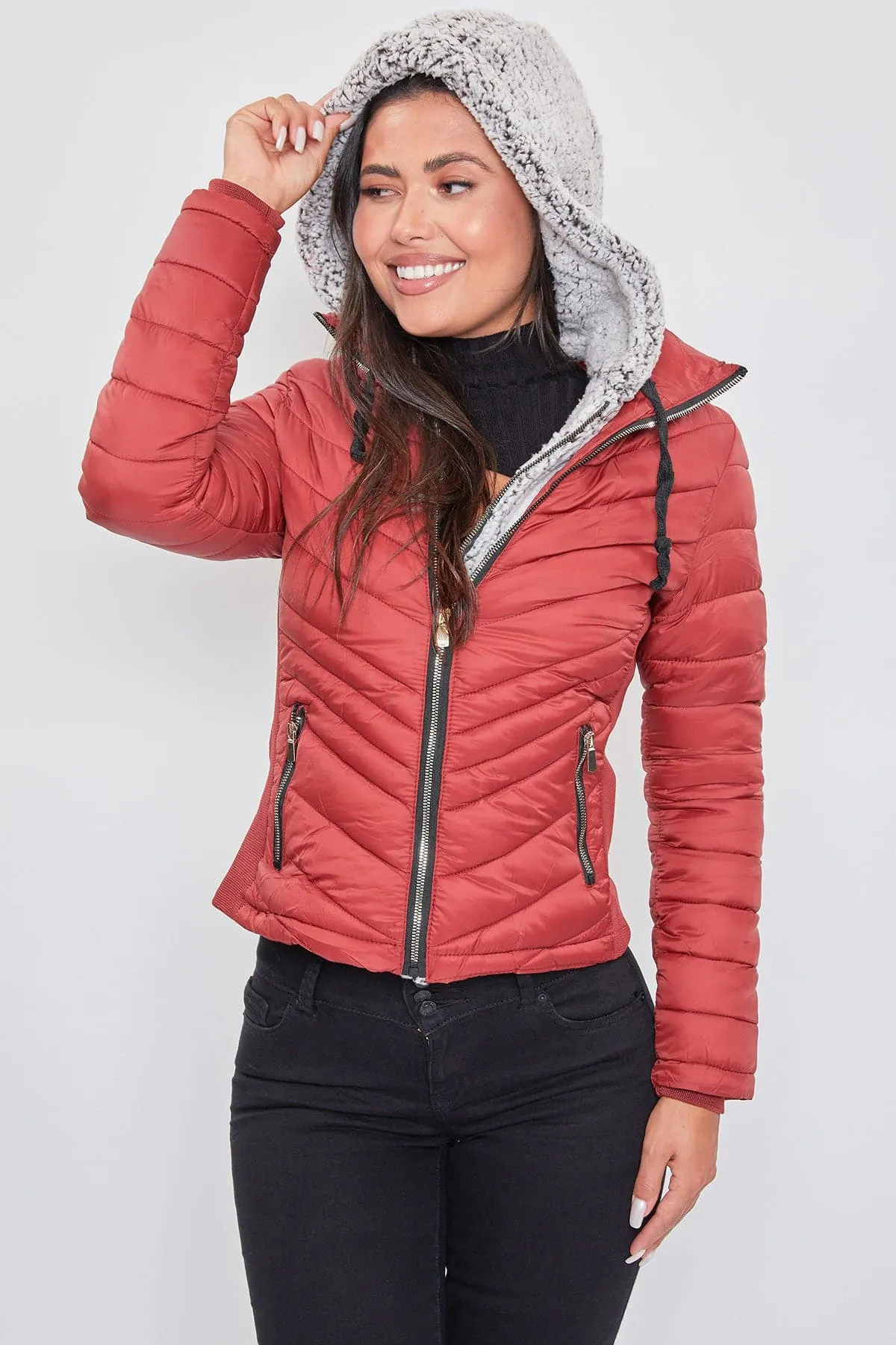 Women's Winter Puffer Jacket With Sherpa Fur Hoodie