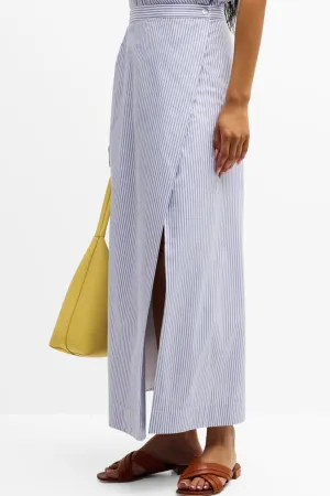 Wrap Slit Hem Maxi Skirt Blue Stripe