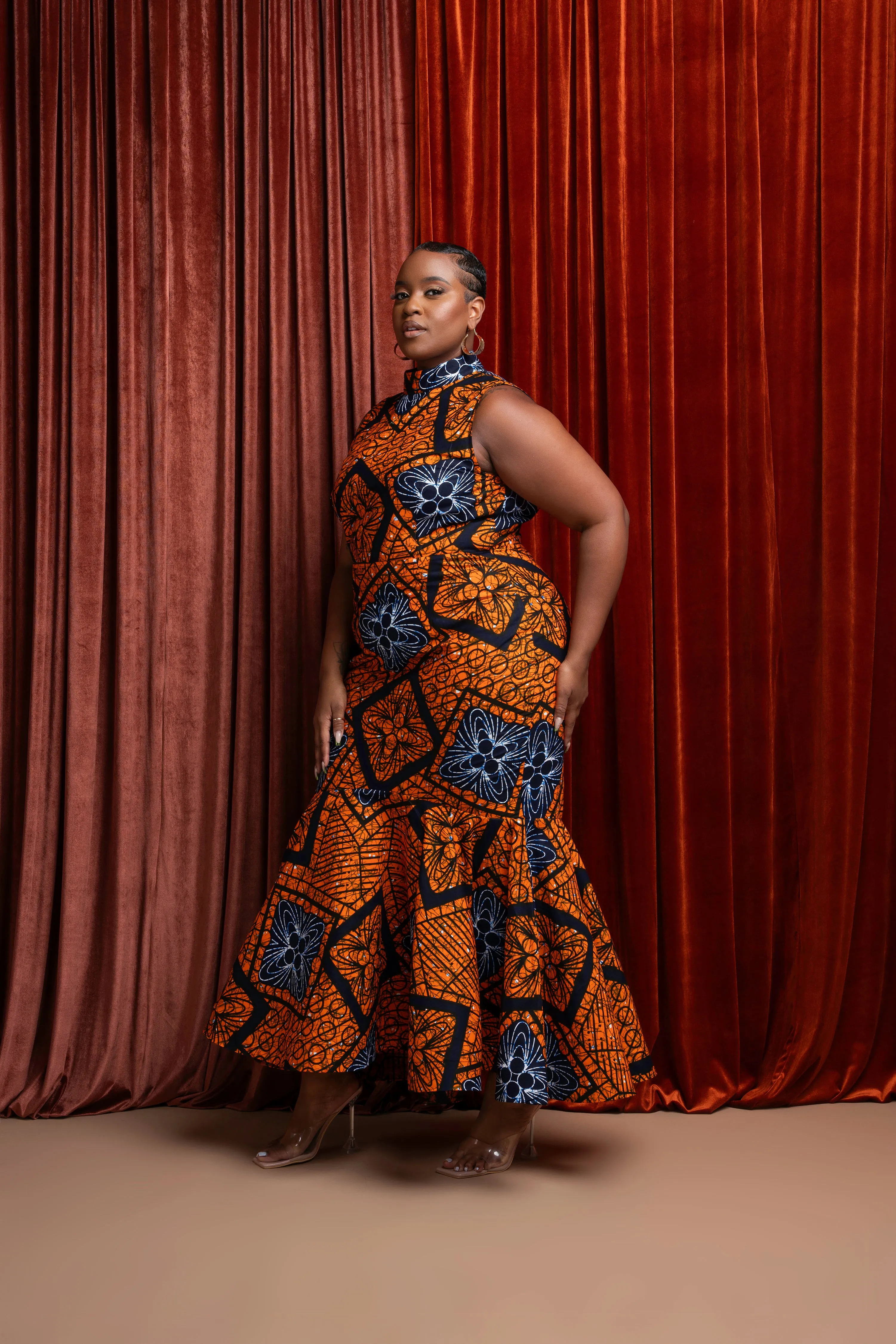 ZEZE African Print Maxi Mock Neck Peplum Dress