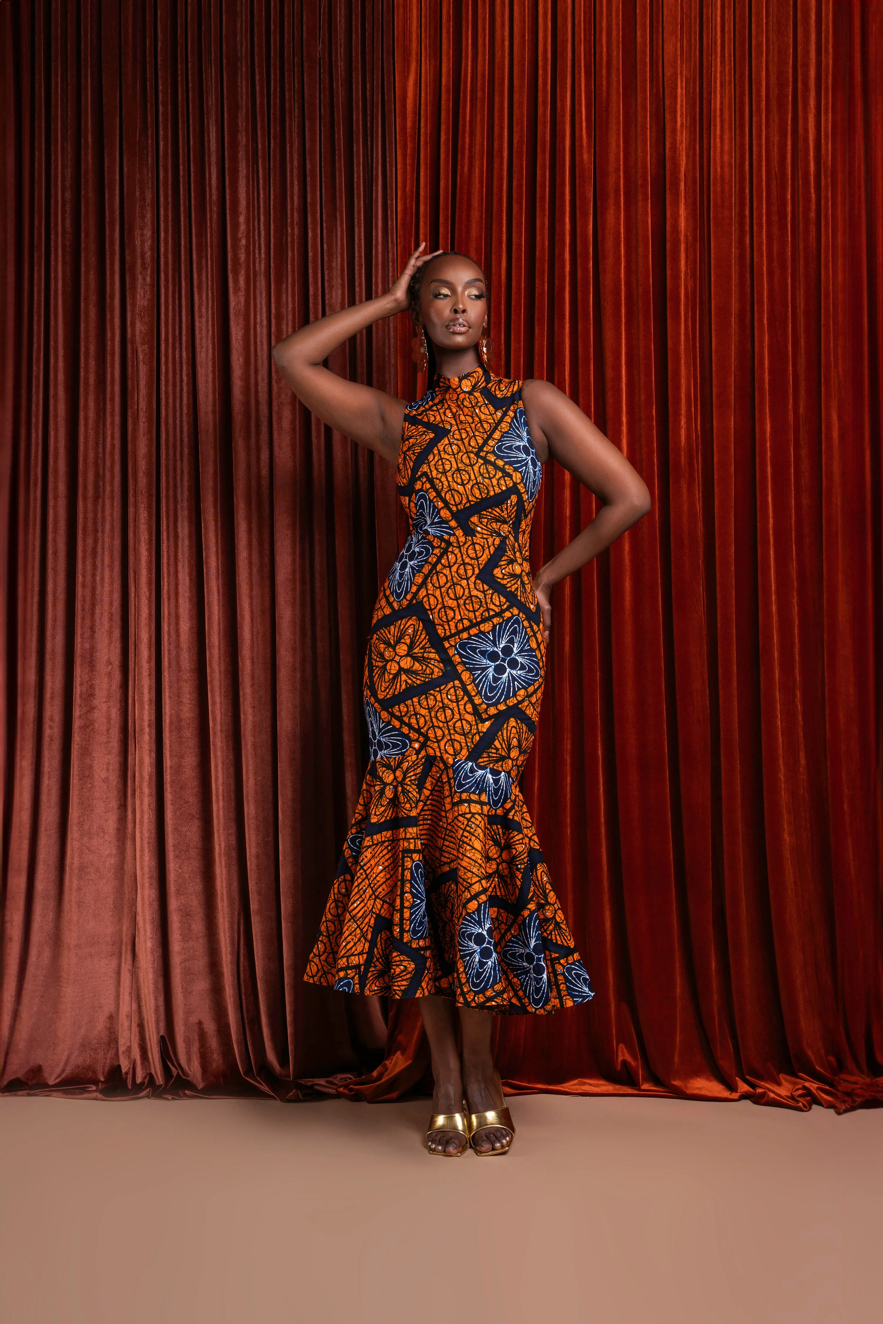 ZEZE African Print Maxi Mock Neck Peplum Dress