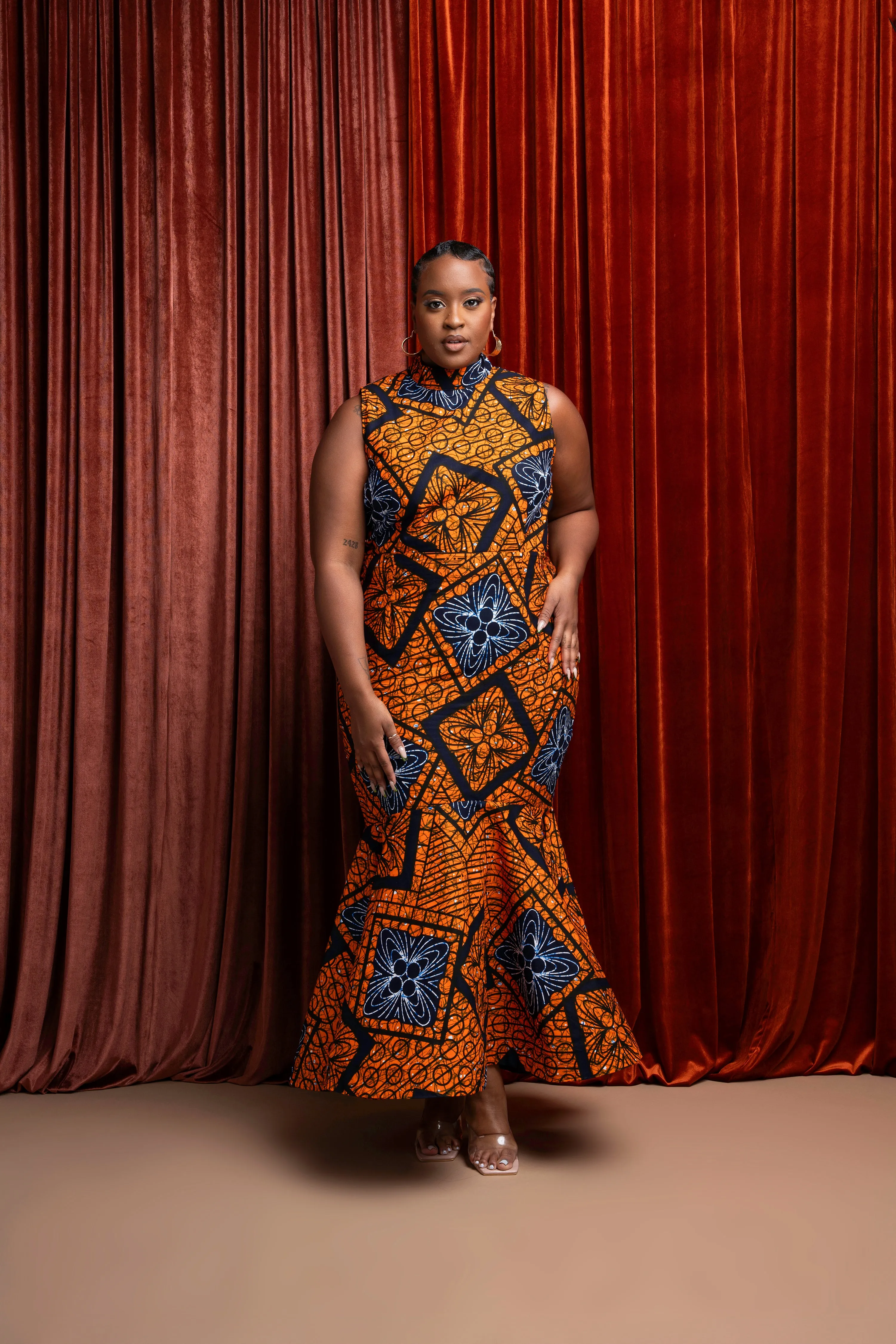 ZEZE African Print Maxi Mock Neck Peplum Dress